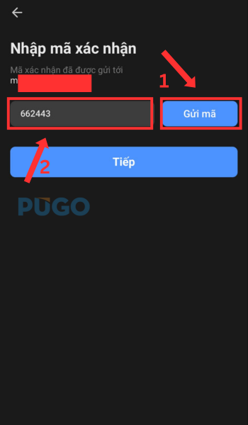 Chọn gửi mã, nhập mã vào ô
