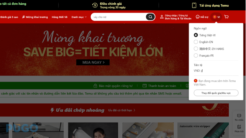 Giao diện website Temu tiếng Việt Giao diện website Temu tiếng Việt