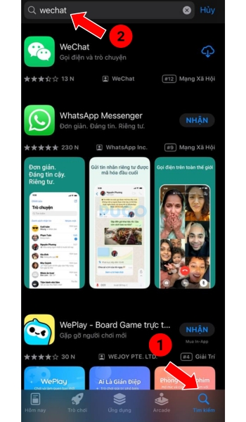 Chọn tìm kiếm, sau đó gõ "WeChat" trên thanh công cụ như mũi tên minh họa