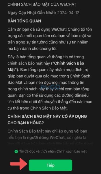 Đọc điều khoản chính sách sau đó chọn "Tiếp"