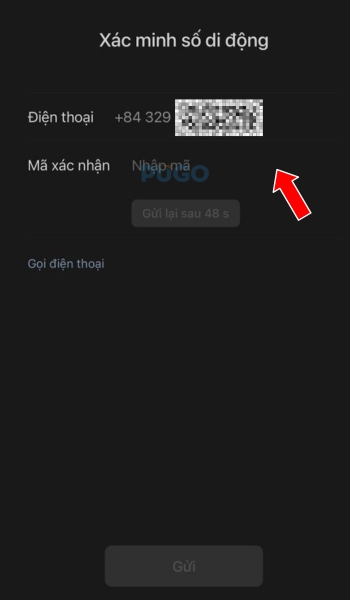 Nhập mã gửi về SMS điện thoại vào chỗ mũi tên đỏ
