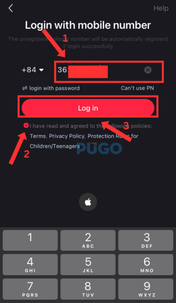 Nhập số điện thoại, chấp nhận chính sách và log in