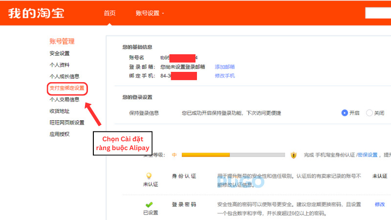 Chọn Cài đặt ràng buộc Alipay Chọn Cài đặt ràng buộc Alipay