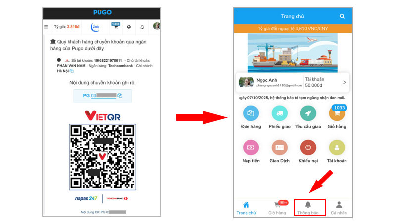 Lấy thông tin chuyển khoản nạp tiền vào Pugo, vào mục Thông báo trên app Pugo để kiểm tra Lấy thông tin chuyển khoản nạp tiền vào Pugo, vào mục Thông báo trên app Pugo để kiểm tra