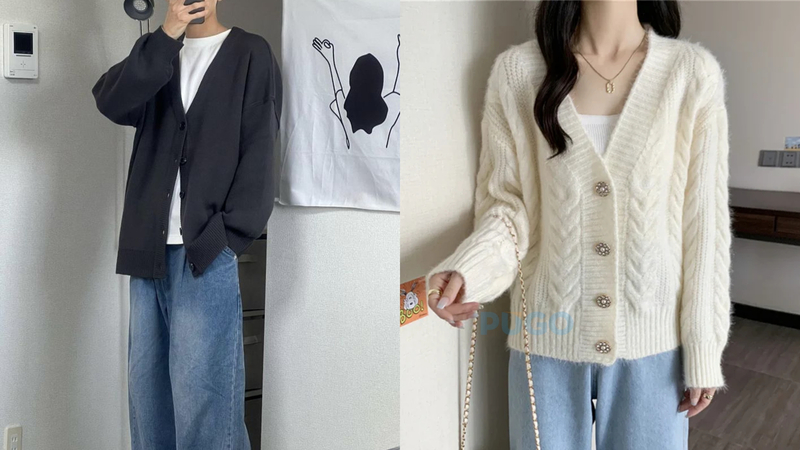 Áo cardigan với áo thun và quần jean