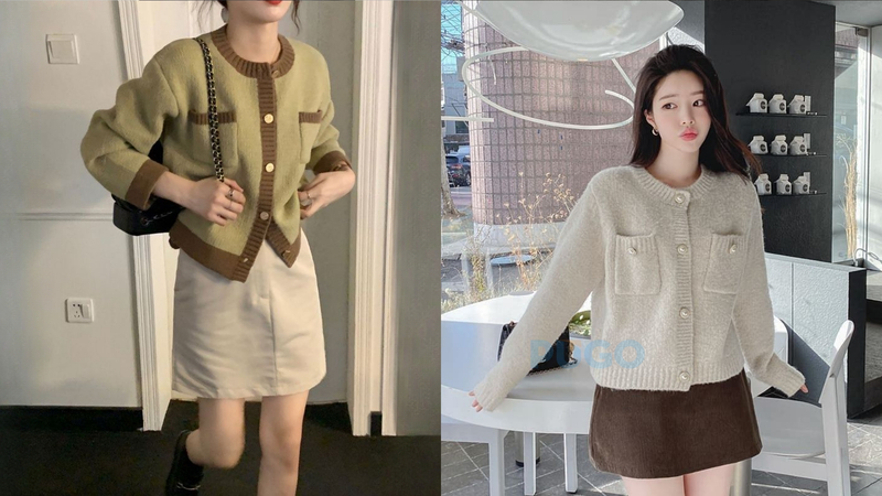 Áo cardigan với chân váy ngắn