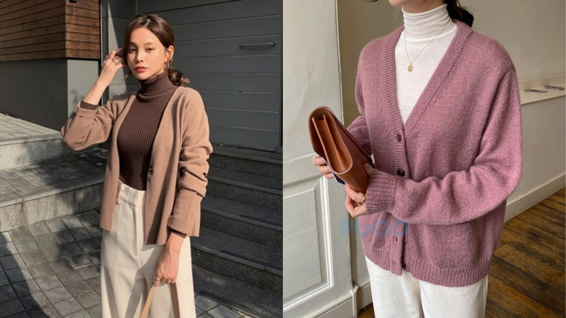 Áo cardigan với áo len cổ lọ