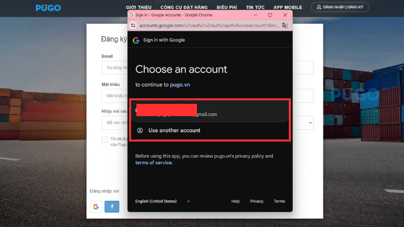 Chọn tài khoản gmail để đăng ký