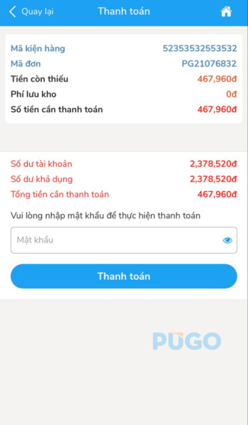 Nhập mật khẩu để thanh toán đơn hàng