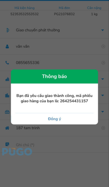 Tạo yêu cầu giao thành công