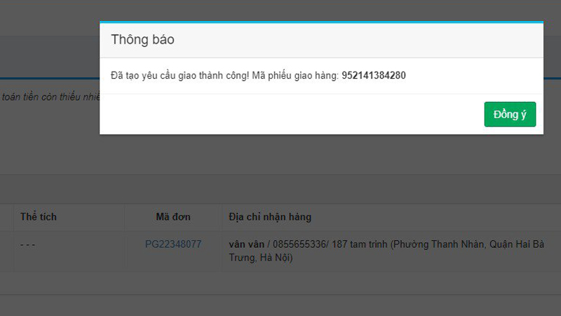 Màn hình tạo yêu cầu giao thành công Màn hình tạo yêu cầu giao thành công