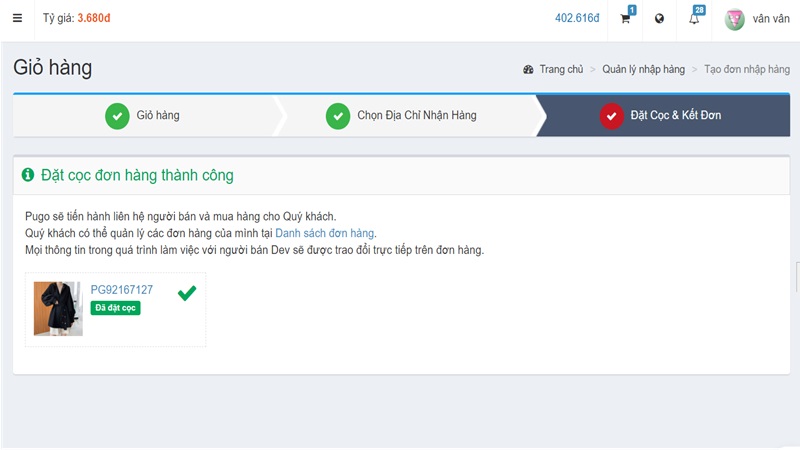 Màn hình đặt cọc thành công