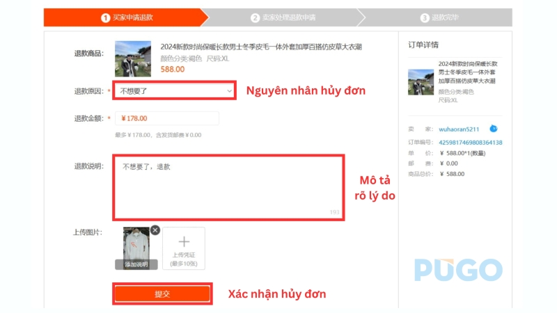 Nêu lý do và xác nhận hủy đơn hàng Taobao