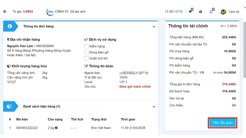 Bấm Yêu cầu giao Bấm Yêu cầu giao