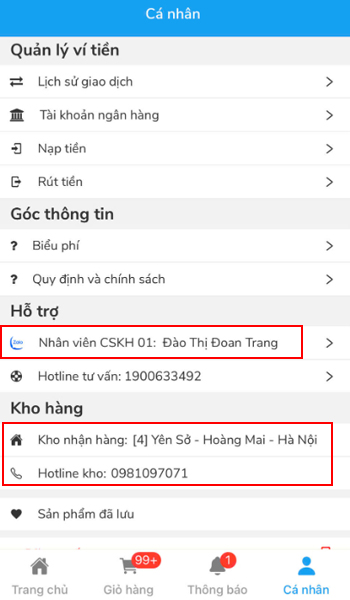 Zalo nhân viên hỗ trợ và thông tin kho Việt Nam