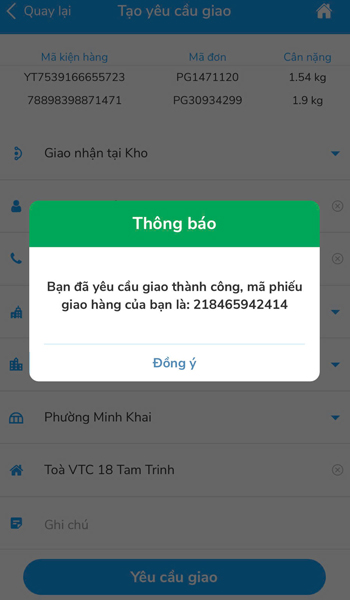Tạo yêu cầu giao thành công