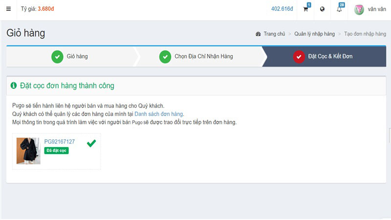 Màn hình đặt cọc thành công Màn hình đặt cọc thành công