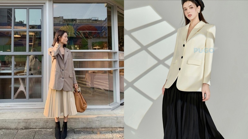 Áo blazer mix cùng váy xếp ly dài